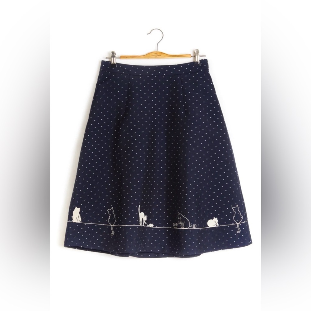 Miss Patina Navy Polka Dot Cat Midi Skirt, size S, mint condition